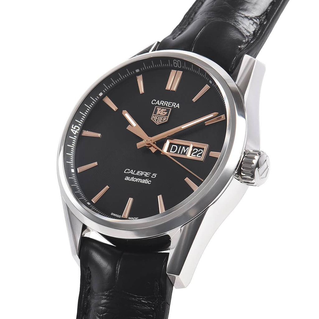 Tag Heuer Carrera Calibre 5 Automatic Black Dial Black Leather Strap Watch for Men - WAR201C.FC6266 Buy Now By Tag Heuer