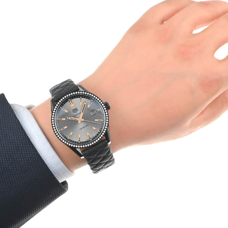 Tag Heuer Carrera Diamonds Anthracite Black Dial Black Leather Strap Watch for Women - WAR1115.FC6392 Buy Now By Tag Heuer