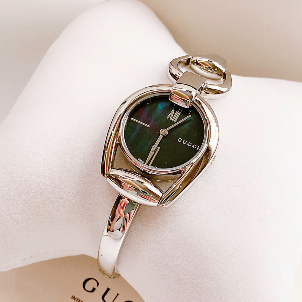 Gucci Horsebit Collection Mother of Pearl Black Dial Silver Steel Strap Watch For Women - YA139503 Buy Now By Gucci