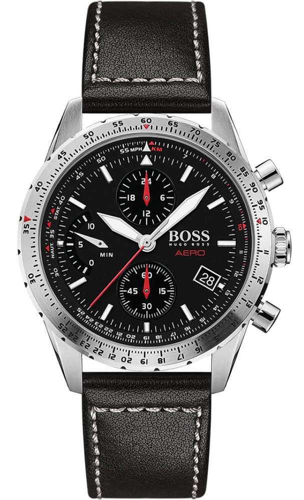 Hugo Boss Aero Chronograph Black Dial Black Leather Strap Watch for Men - 1513770 Buy Now By Hugo Boss