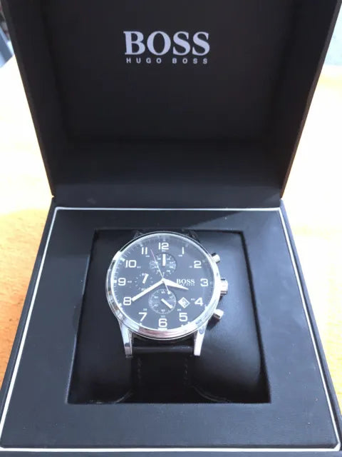 Hugo Boss Aeroliner Chronograph Black Dial Black Leather Strap Watch For Men - 1512448 Buy Now By Hugo Boss