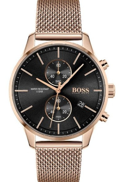 Hugo Boss Associate Black Dial Rose Gold Mesh Bracelet Watch for Men - 1513806 Buy Now By Hugo Boss