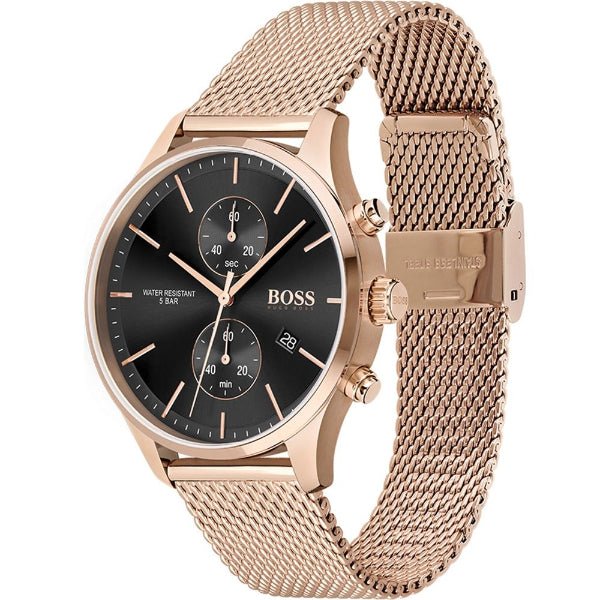 Hugo Boss Associate Black Dial Rose Gold Mesh Bracelet Watch for Men - 1513806 Buy Now By Hugo Boss