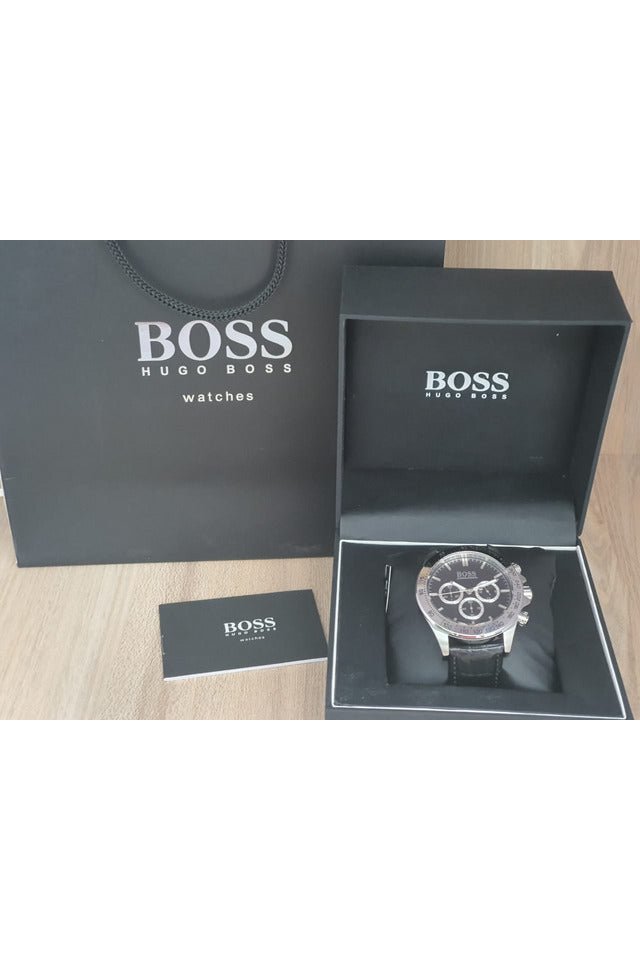 Hugo Boss Ikon Black Dial Black Leather Strap Watch for Men - 1513178