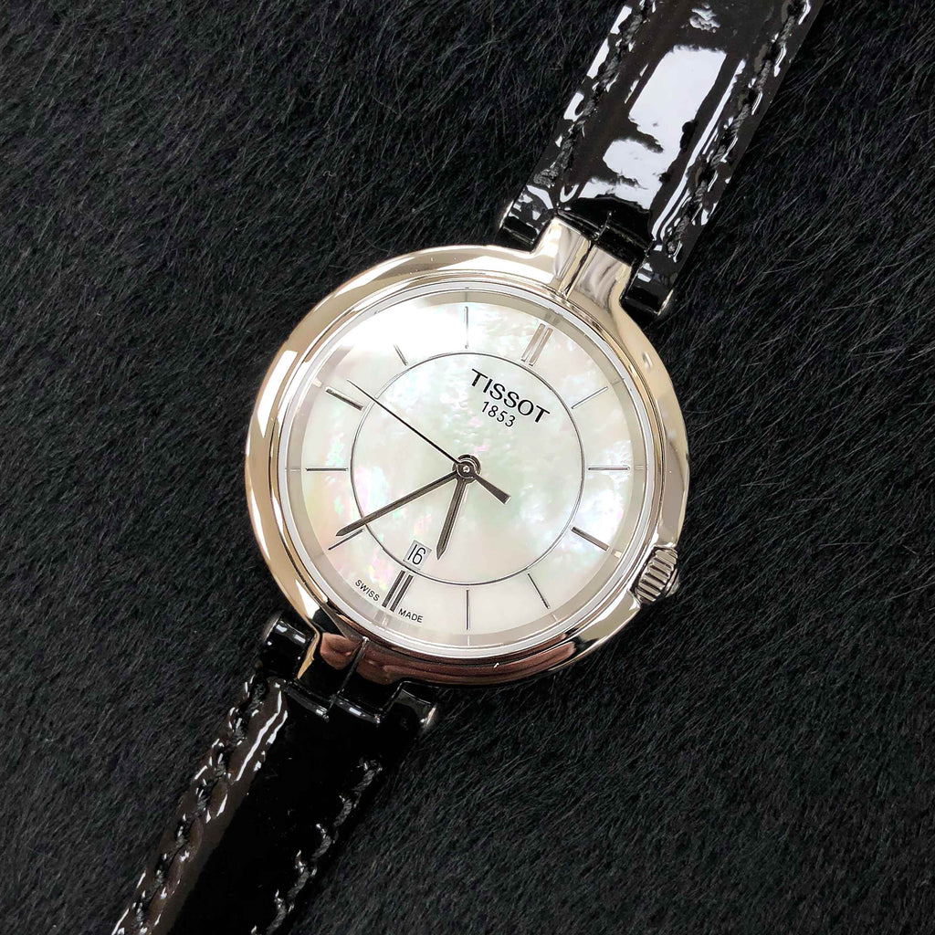 Tissot T Lady Flamingo Mother of Pearl White Dial Black Leather Strap Watch for Women - T094.210.16.111.00 Buy Now By Tissot
