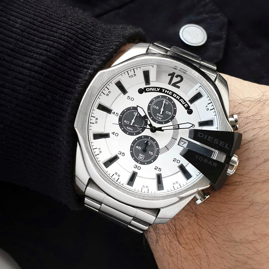 Diesel Mega Chief Chronograph Silver Dial Silver Steel Strap Watch For Men - DZ4501 Buy Now By Diesel