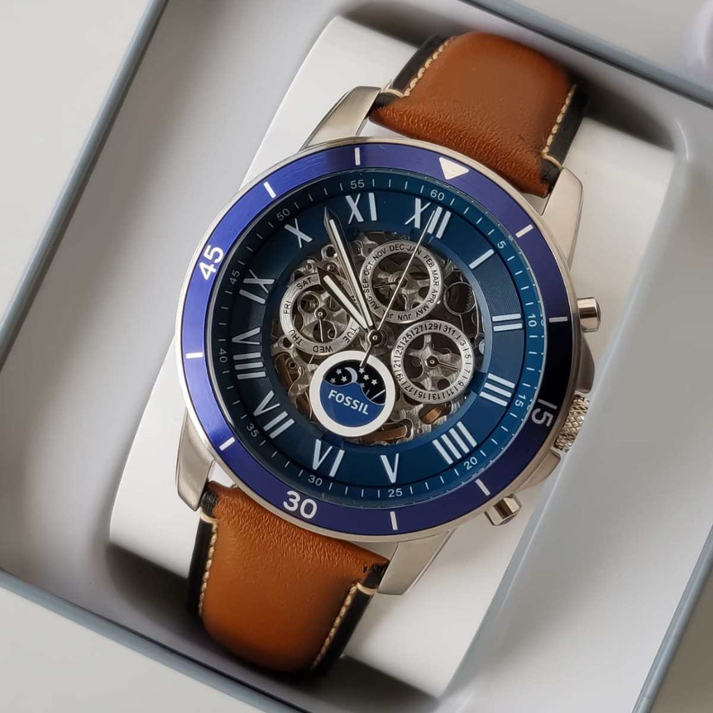 Fossil Grant Sport Automatic Skeleton Blue Dial Brown Leather Strap Watch for Men - ME3140 Buy Now By Fossil