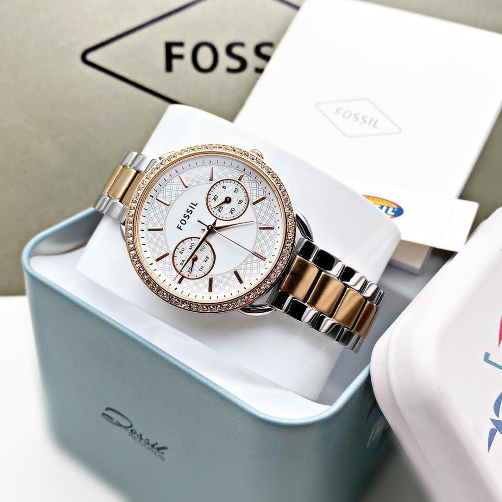 Fossil Tailor White Dial Two Tone Steel Strap Watch for Women - ES4396 Buy Now By Fossil
