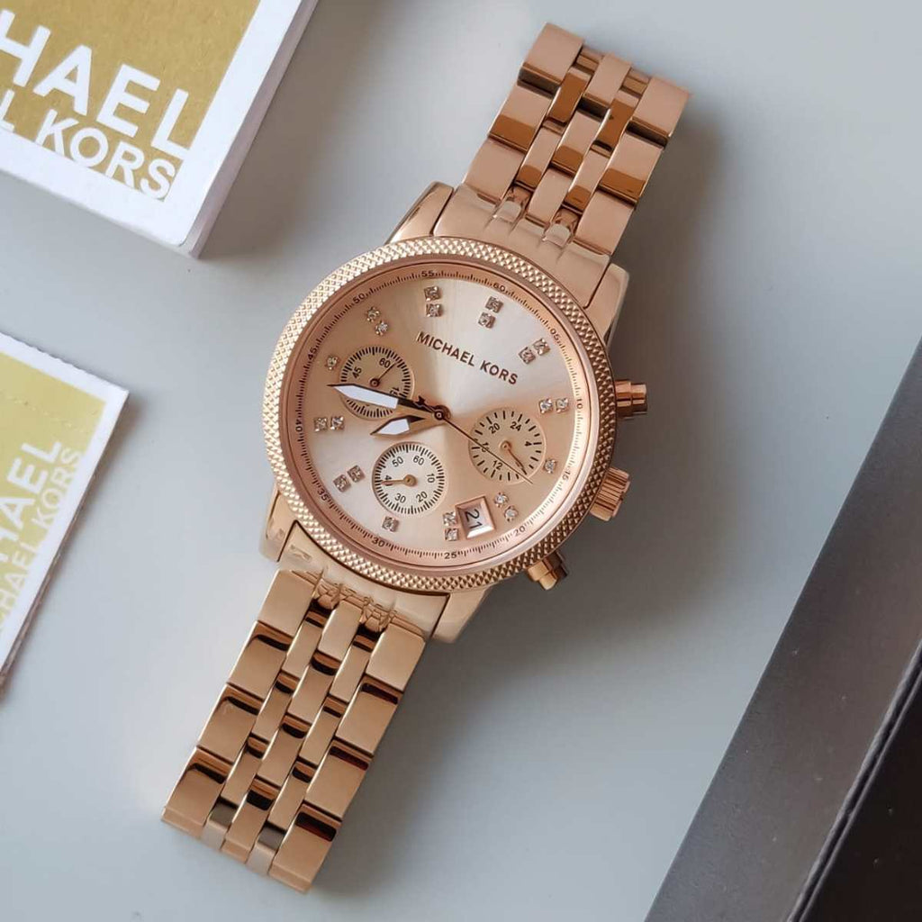 Michael Kors Ritz Chronograph Rose Gold Dial Rose Gold Steel Strap Watch for Women - MK6077 Buy Now By Michael Kors