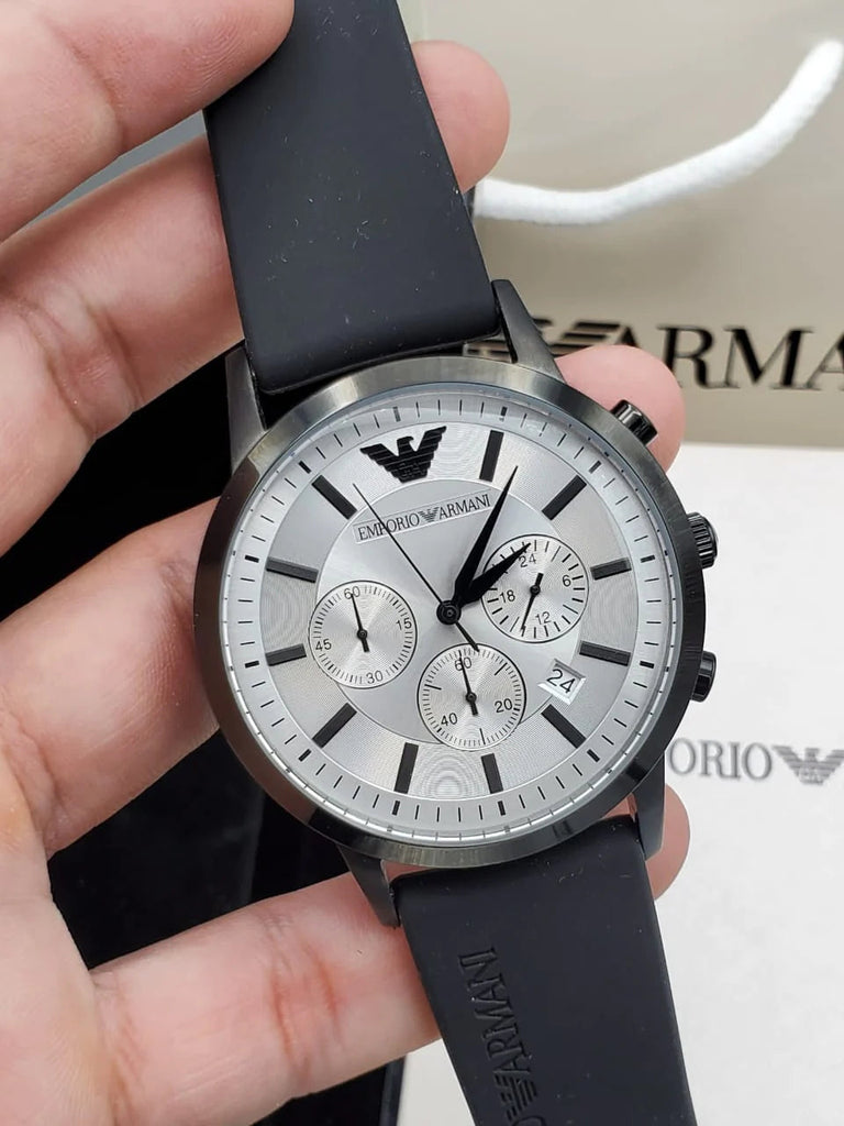 Emporio Armani Chronograph Quartz Silver Dial Black Rubber Strap Watch For Men - AR11048 Buy Now By Emporio Armani