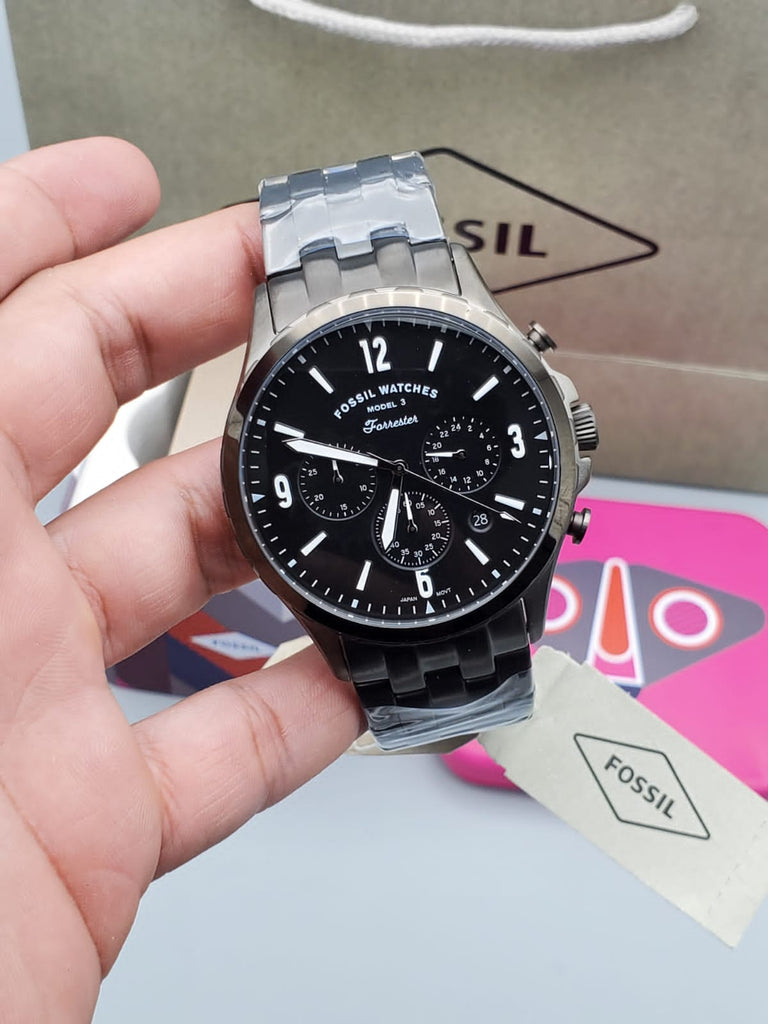 Fossil Forrester Chronograph Black Dial Grey Steel Strap Watch for Men - FS5606 Buy Now By Fossil