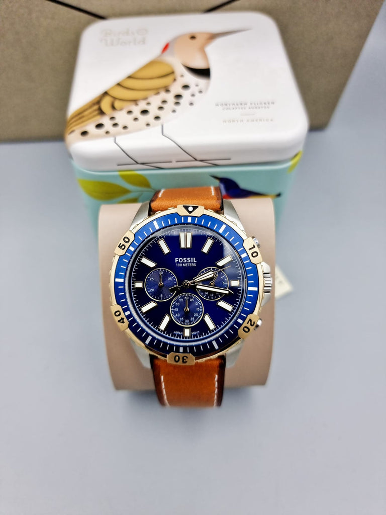 Fossil Garrett Chronograph Blue Dial Brown Leather Strap Watch for Men - FS5625