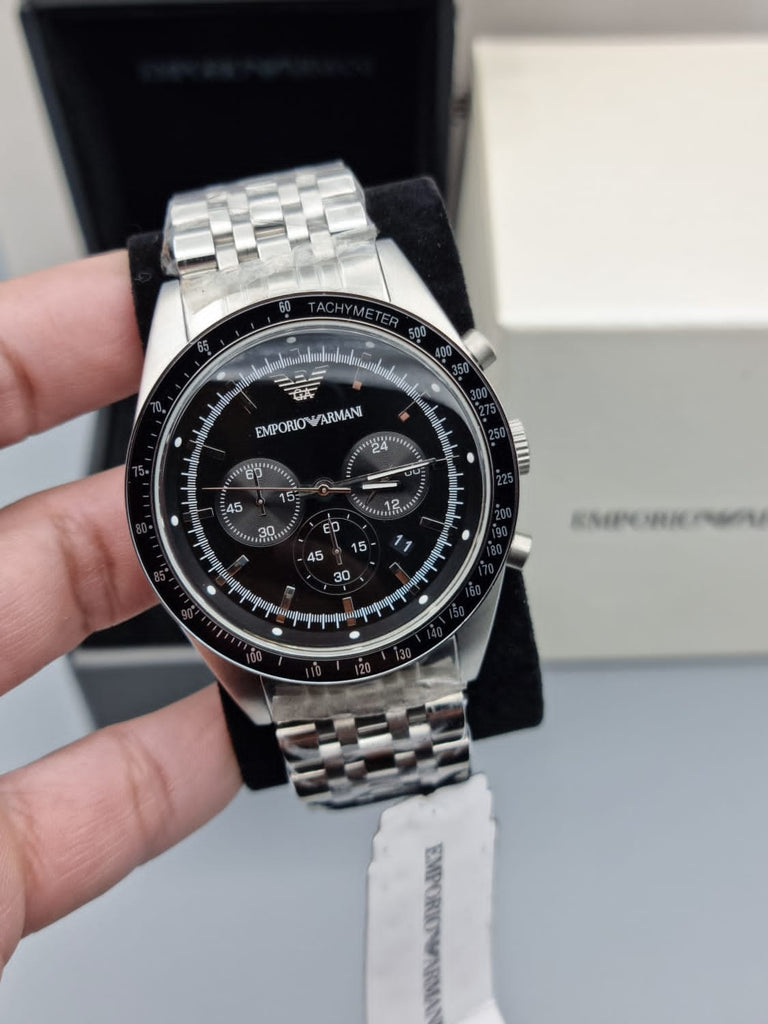 Emporio Armani Tazio Chronograph Black Dial Silver Steel Strap Watch For Men - AR5988 Buy Now By Emporio Armani