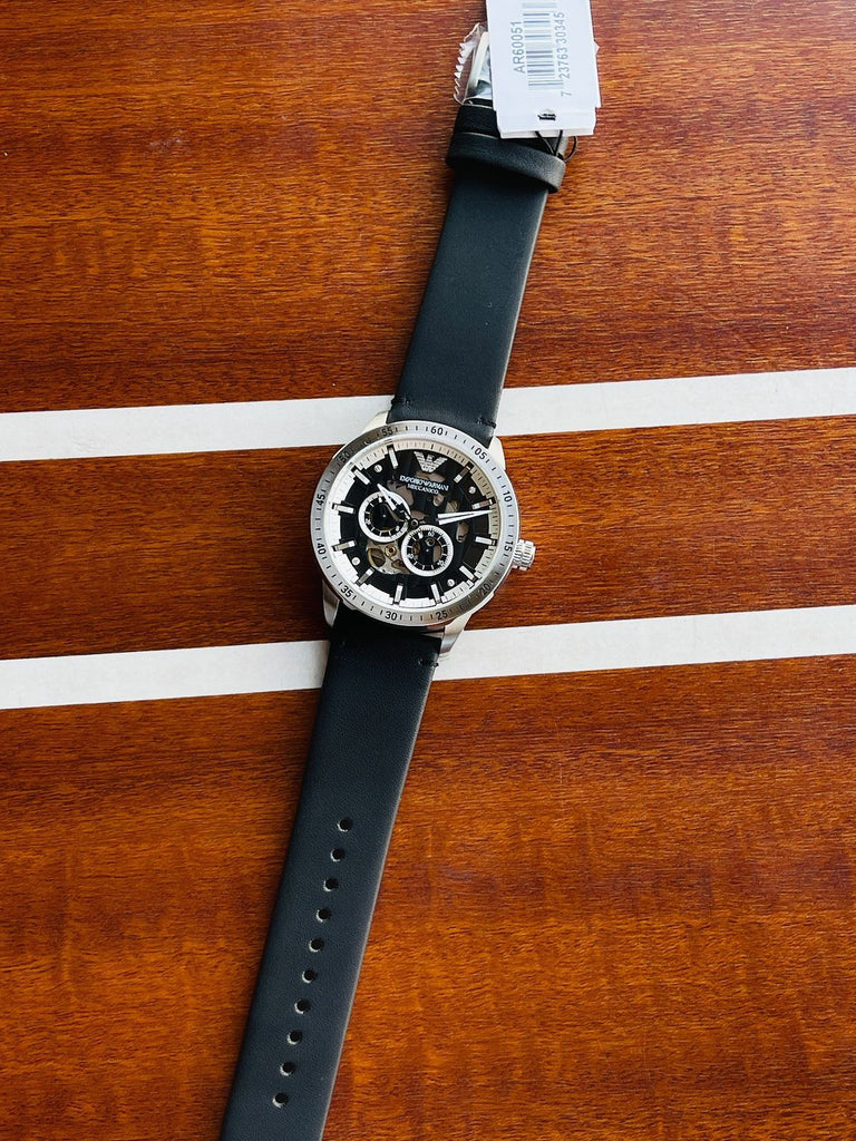 Emporio Armani Renato Chronograph Automatic Black Dial Black Leather Strap Watch For Men - AR60051 Buy Now By Emporio Armani