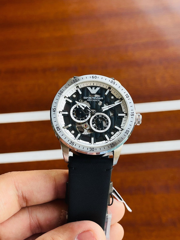 Emporio Armani Renato Chronograph Automatic Black Dial Black Leather Strap Watch For Men - AR60051 Buy Now By Emporio Armani