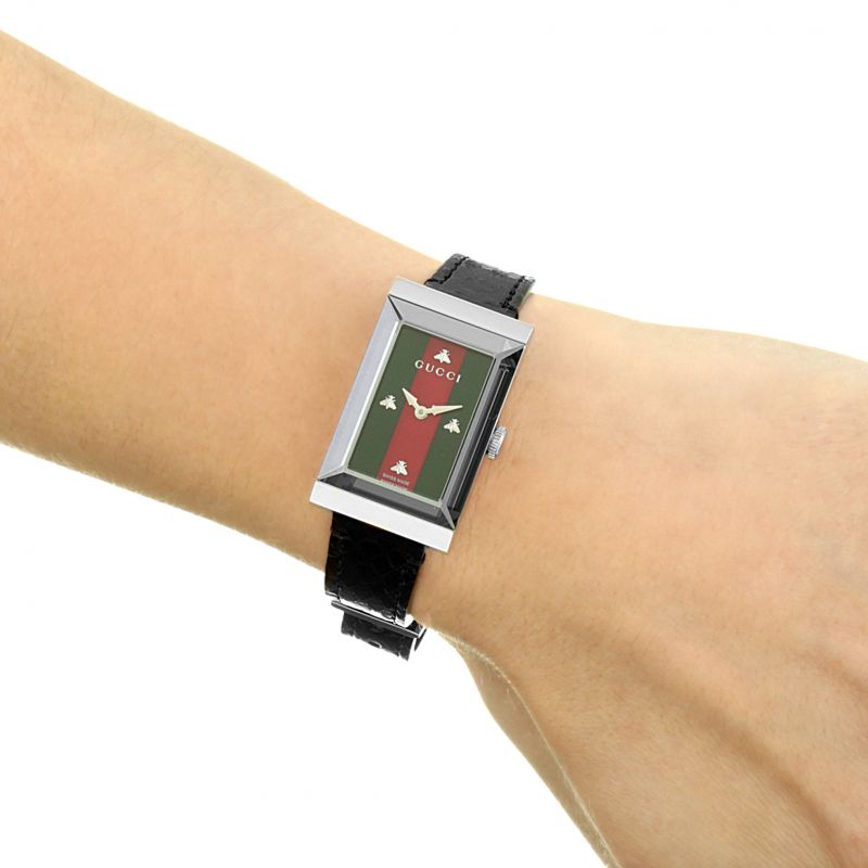 Gucci G-Frame Mother of Pearl Green & Red Dial Black Leather Strap Watch For Women - YA147403 Buy Now By Gucci