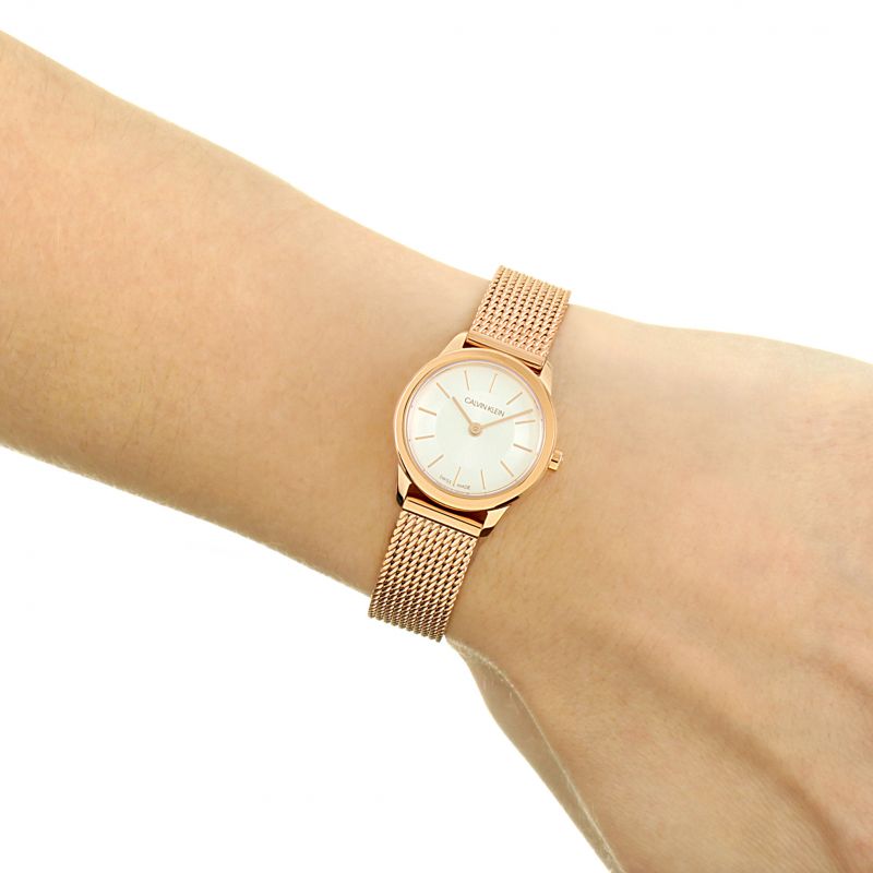 Calvin Klein Minimal White Dial Rose Gold Mesh Bracelet Watch for Women - K3M23626