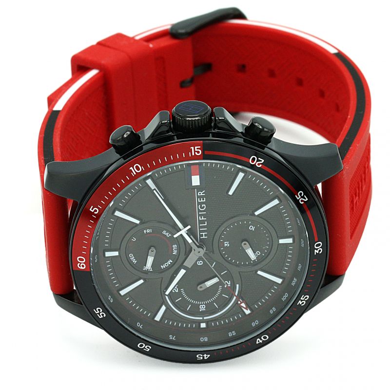 Tommy Hilfiger Multifunction Quartz Black Dial Red Rubber Strap Watch for Men - 1791722 Buy Now By Tommy Hilfiger