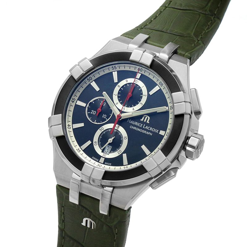 Maurice Lacroix Aikon Chronograph Black Dial Green Leather Strap Watch for Men - AI1018-PVB21-330-1 Buy Now By Maurice Lacroix