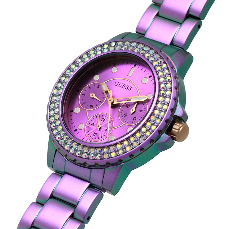 Guess Crown Jewel Diamonds Purple Dial Purple Steel Strap Watch for Women - GW0410L4 Buy Now By Guess