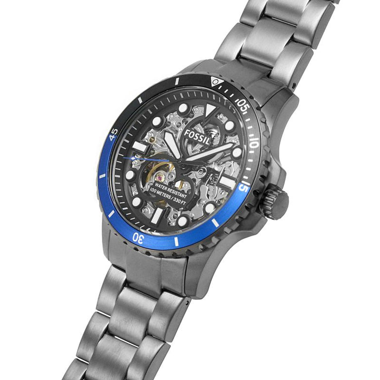 Fossil FB-01 Automatic Skeleton Black Dial Grey Steel Strap Watch for Men - ME3201 Buy Now By Fossil