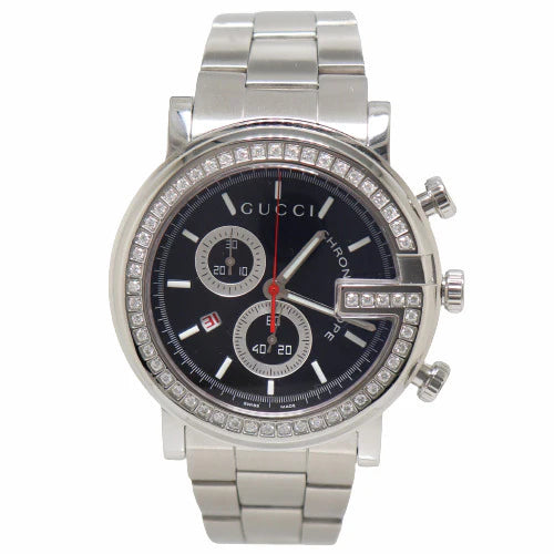 Gucci G Chrono Diamonds Black Dial Silver Steel Strap Watch For Men - YA101324 Buy Now By Gucci