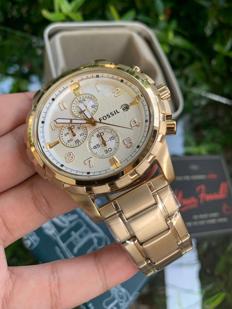 Fossil Dean Chronograph Champagne Dial Gold Steel Strap Watch for Men - FS4867