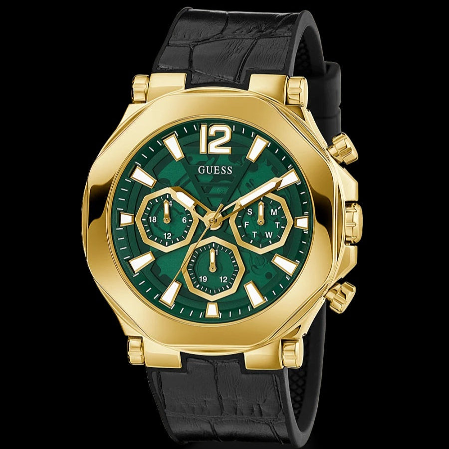 Guess Edge Chronograph Green Dial Black Leather Strap Watch For Men - GW0492G3 Buy Now By Guess