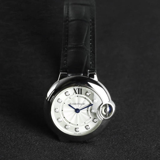 Cartier Ballon Bleu de Cartier Diamonds Silver Dial Black Leather Strap Watch for Women - W4BB0008 Buy Now By Cartier