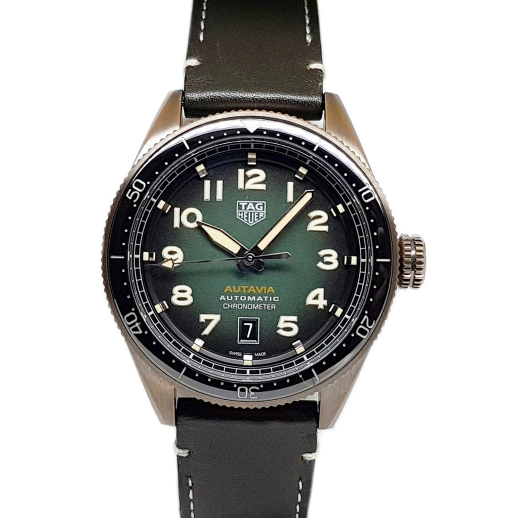 Tag Heuer Autavia Calibre 5 Automatic Olive Green Dial Green Leather Strap Watch for Men - WBE5190.FC8268 Buy Now By Tag Heuer