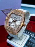 Guess Raven Diamonds Rose Gold Dial White Silicone Strap Watch for Women - GW0105L3 Buy Now By Guess