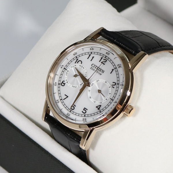 Citizen Watch Eco Drive Day & Date White Dial Black Leather Strap Watch For Men - AO9003-16A Buy Now By Citizen