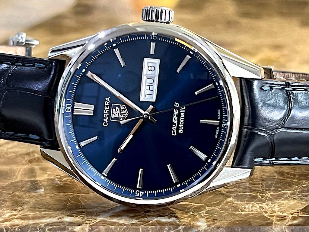 Tag Heuer Carrera Calibre 5 Automatic Blue Dial Blue Leather Strap Watch for Men - WAR201E.FC6292 Buy Now By Tag Heuer