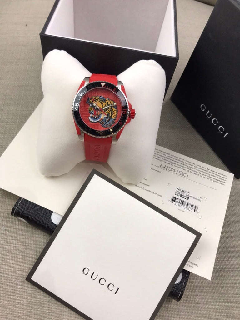 Gucci Dive Quartz Red Dial Red Rubber Strap Watch For Men - YA136315 Buy Now By Gucci