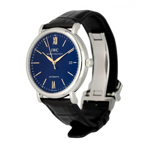 IWC Portofino Automatic Blue Dial Black Leather Strap Watch for Men - IW356523 Buy Now By IWC
