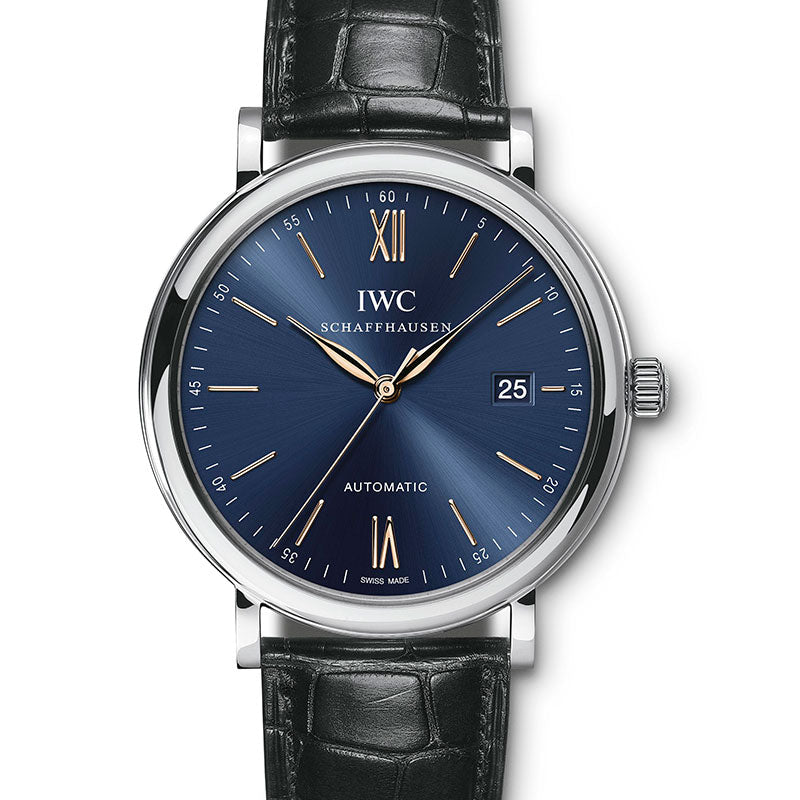 IWC Portofino Automatic Blue Dial Black Leather Strap Watch for Men - IW356523 Buy Now By IWC