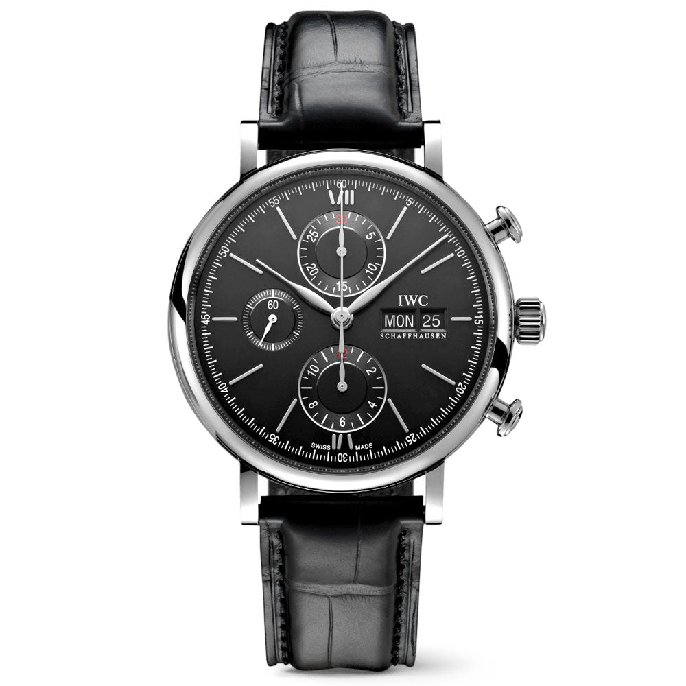 IWC Portofino Chronograph Black Dial Black Leather Strap Watch for Men - IW391008 Buy Now By IWC