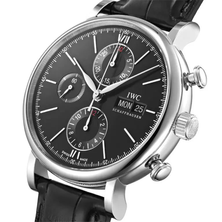 IWC Portofino Chronograph Black Dial Black Leather Strap Watch for Men - IW391029 Buy Now By IWC