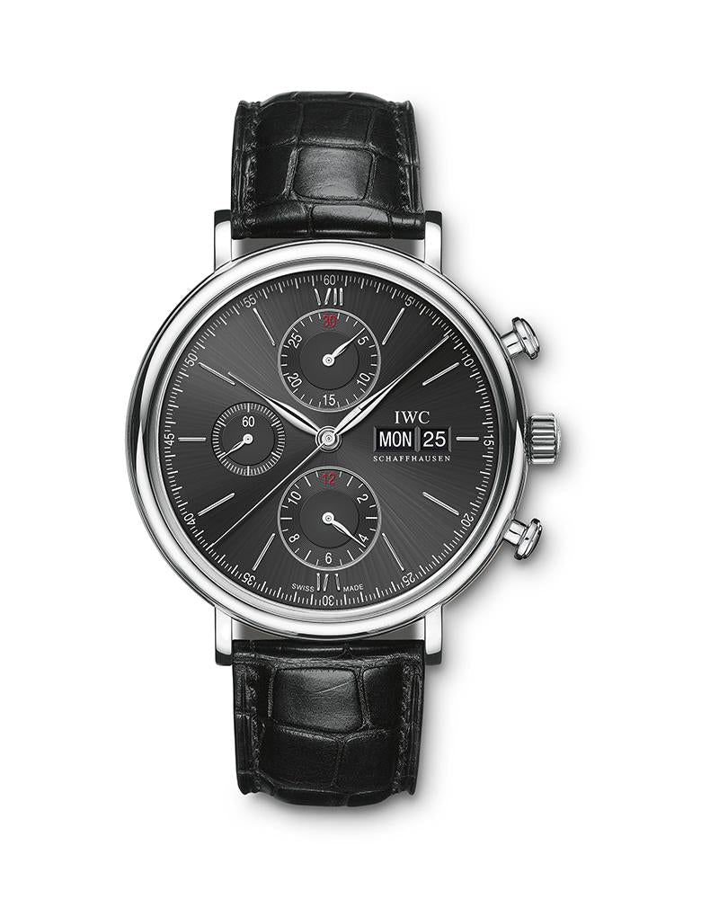 IWC Portofino Chronograph Black Dial Black Leather Strap Watch for Men - IW391029 Buy Now By IWC
