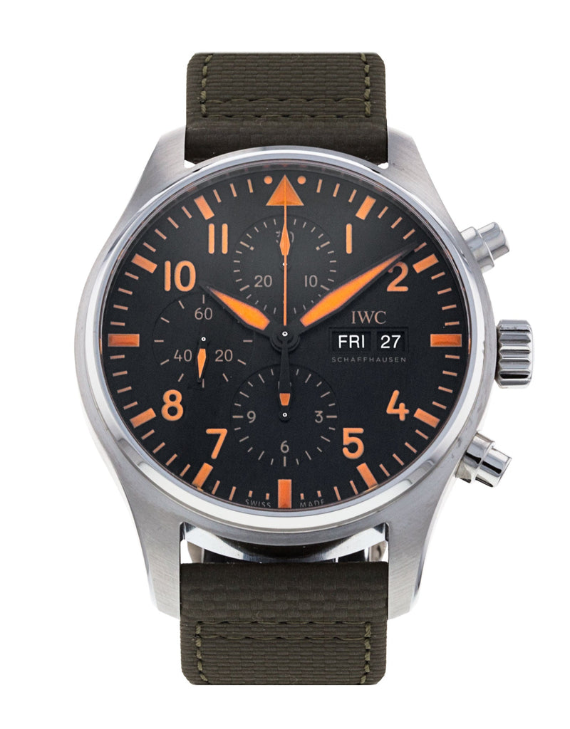 IWC Pilot's Watch Chronograph Black Dial Olive Green Calfskin Strap Watch for Men - IW377730 Buy Now By IWC