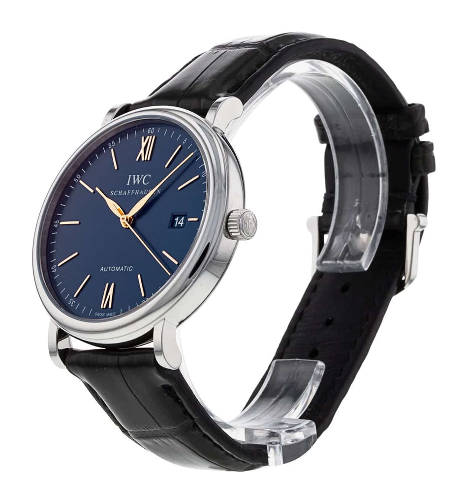 IWC Portofino Automatic Blue Dial Black Leather Strap Watch for Men - IW356523 Buy Now By IWC