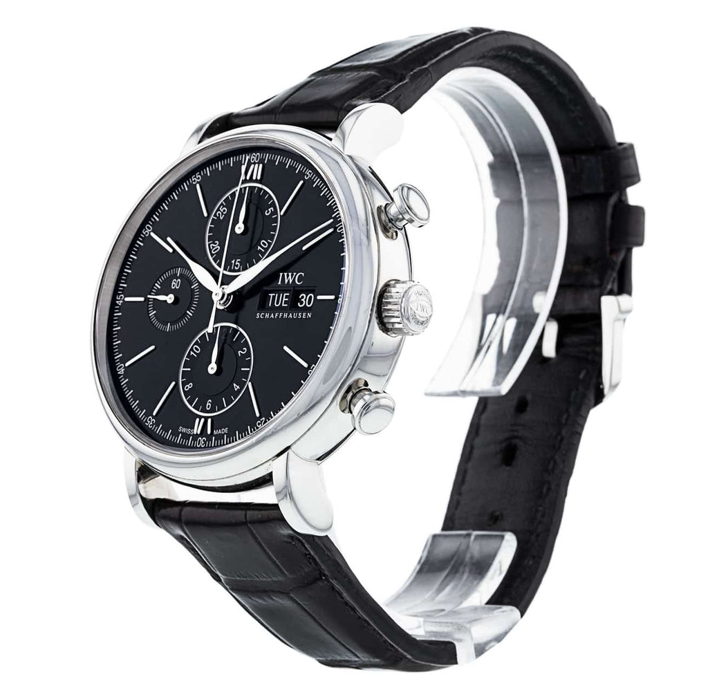 IWC Portofino Chronograph Black Dial Black Leather Strap Watch for Men - IW391008 Buy Now By IWC
