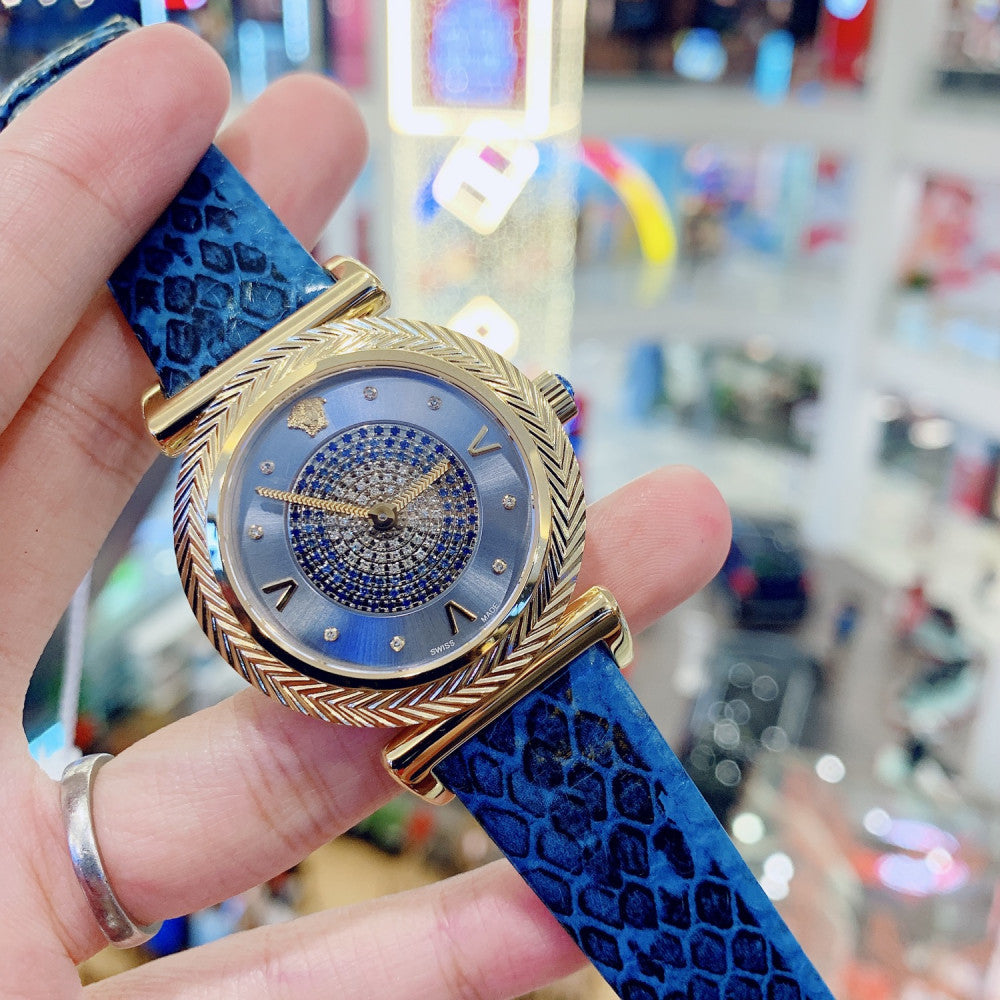 Versace V-Motif Vintage Logo Diamonds Blue Dial Blue Leather Strap Watch for Women - VERE01018 Buy Now By Versace