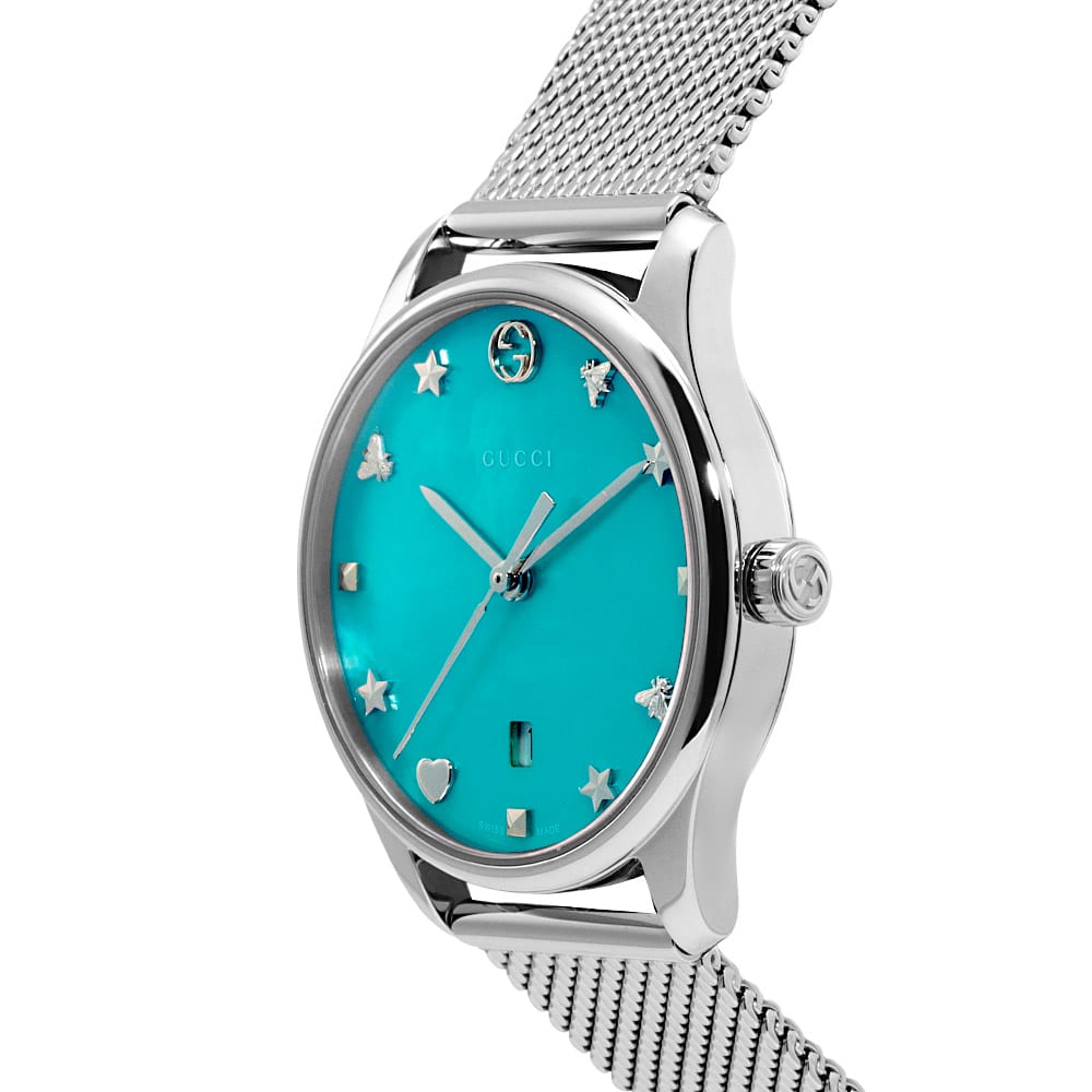 Gucci G-Timeless Turquoise Mother of Pearl Dial Silver Mesh Bracelet Watch For Women - YA126582 Buy Now By Gucci