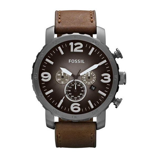 Fossil Nate Chronograph Grey Dial Brown Leather Strap Watch for Men - JR1424 Buy Now By Fossil