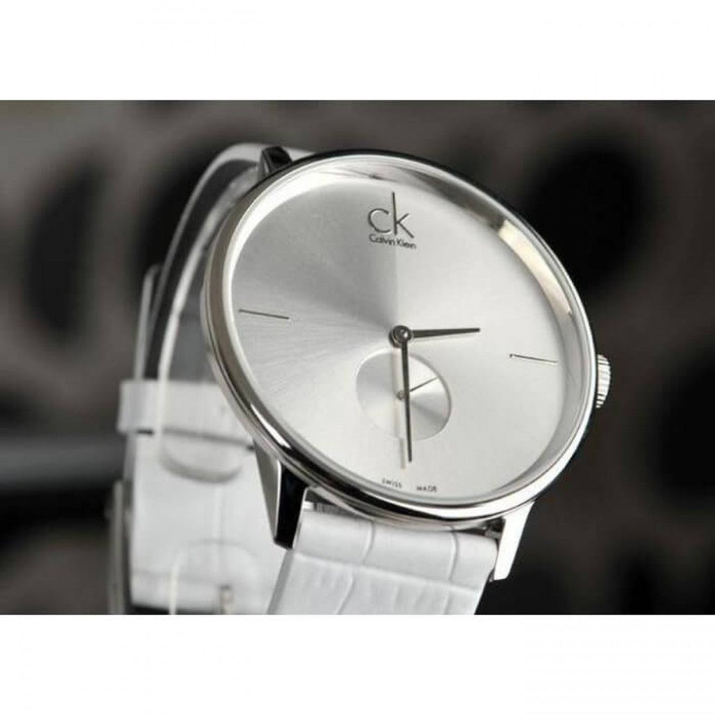 Calvin Klein Accent Silver Dial White Leather Strap Watch for Women - K2Y211K6 Buy Now By Calvin Klein