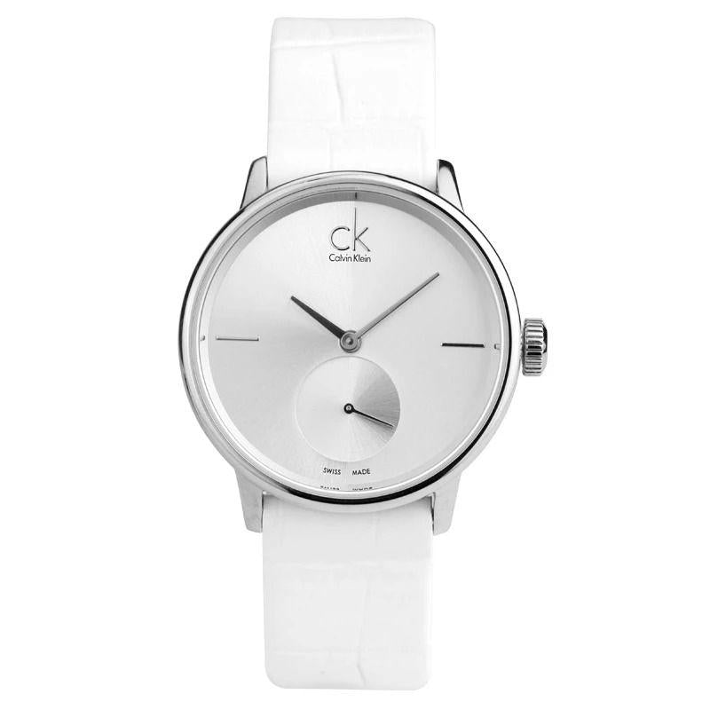 Calvin Klein Accent Silver Dial White Leather Strap Watch for Women - K2Y231K6 Buy Now By Calvin Klein
