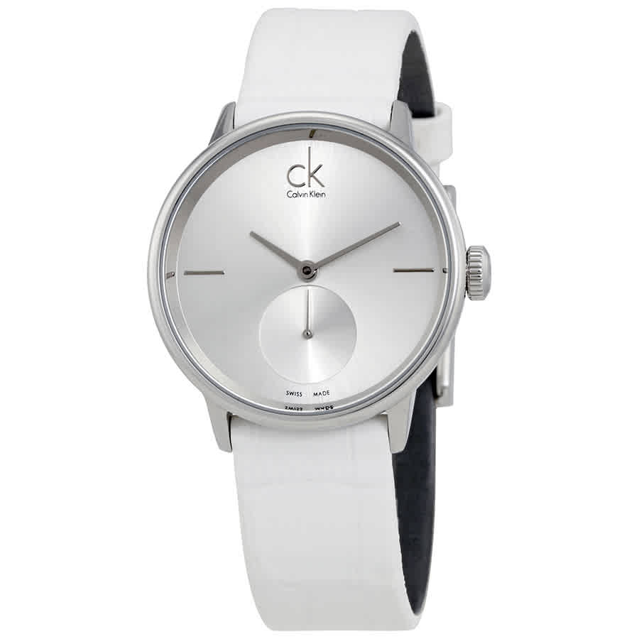 Calvin Klein Accent Silver Dial White Leather Strap Watch for Women - K2Y231K6 Buy Now By Calvin Klein