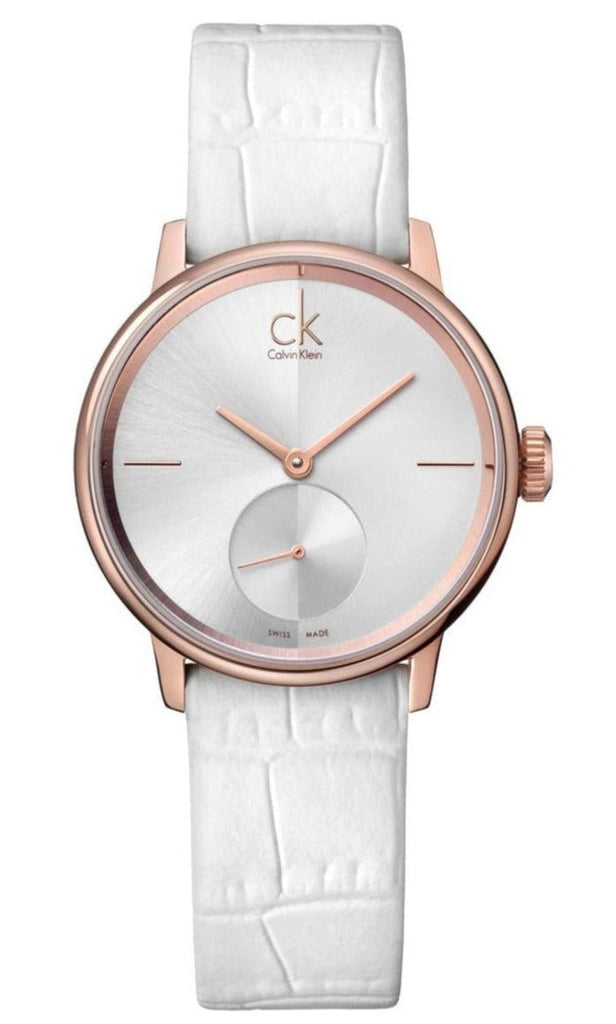 Calvin Klein Accent Silver Dial White Leather Strap Watch for Women - K2Y236K6 Buy Now By Calvin Klein