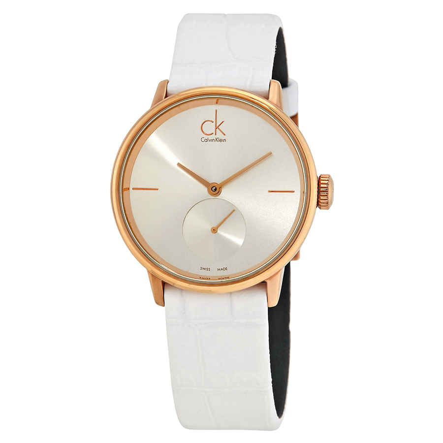 Calvin Klein Accent Silver Dial White Leather Strap Watch for Women - K2Y216K6 Buy Now By Calvin Klein